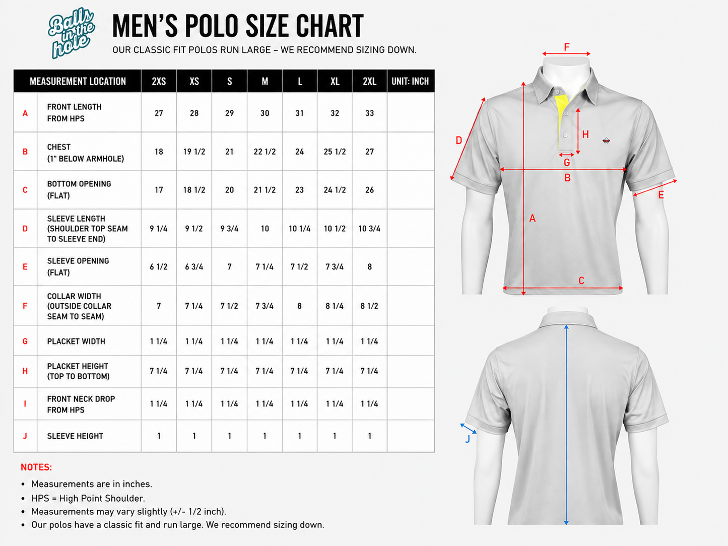 Men's Polo Size Chart