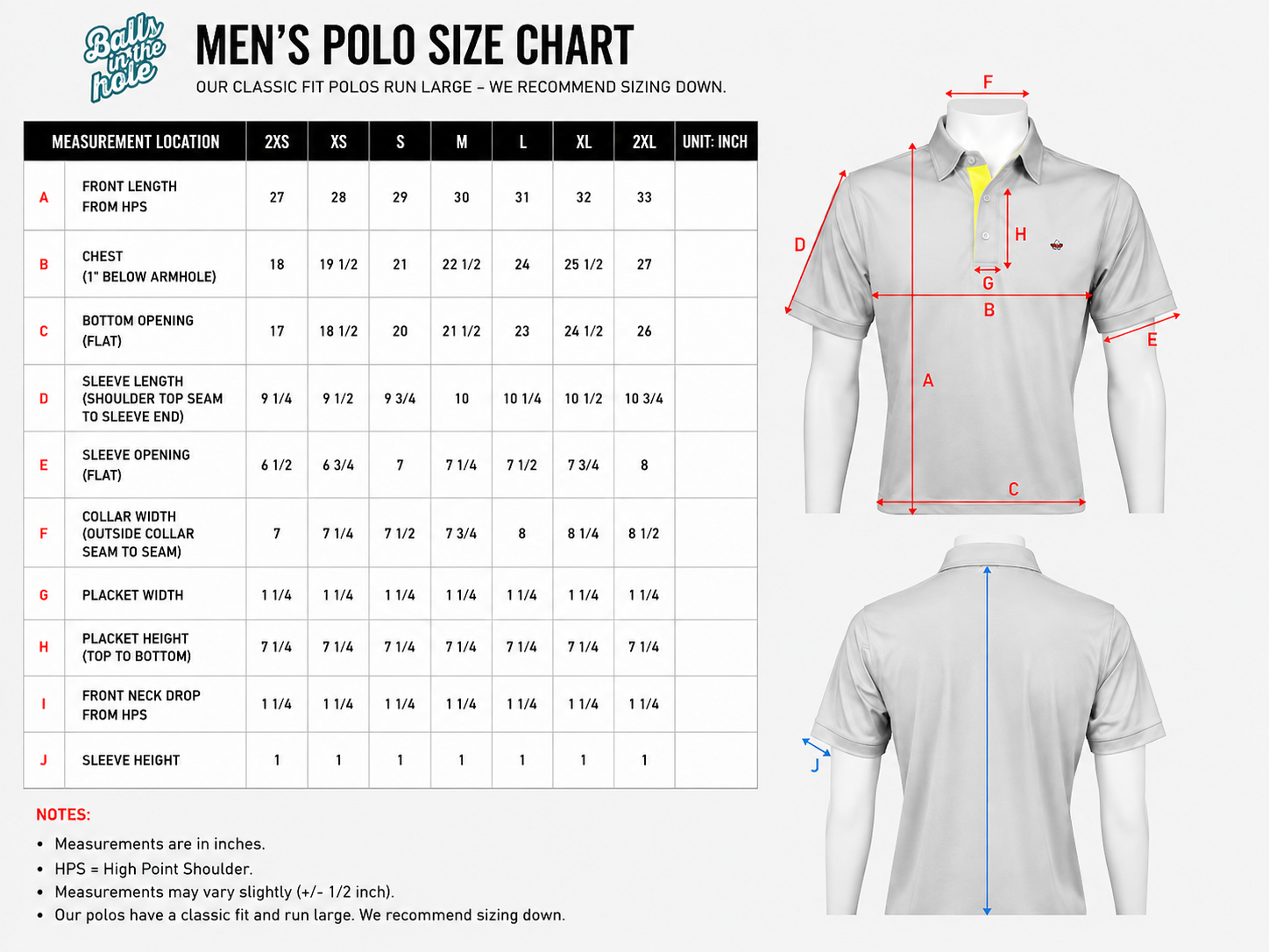 Men's Polo Size Chart
